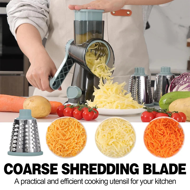 3-in-1 Rotary Cheese & Vegetable Grater – Manual Slicer & Nut Grinder