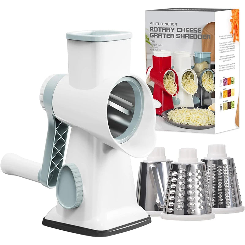 3-in-1 Rotary Cheese & Vegetable Grater – Manual Slicer & Nut Grinder