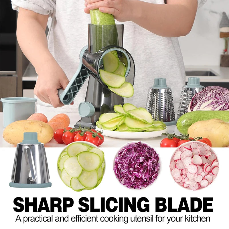 3-in-1 Rotary Cheese & Vegetable Grater – Manual Slicer & Nut Grinder