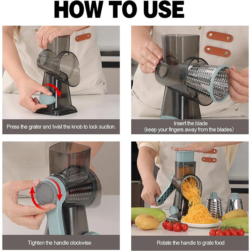 3-in-1 Rotary Cheese & Vegetable Grater – Manual Slicer & Nut Grinder