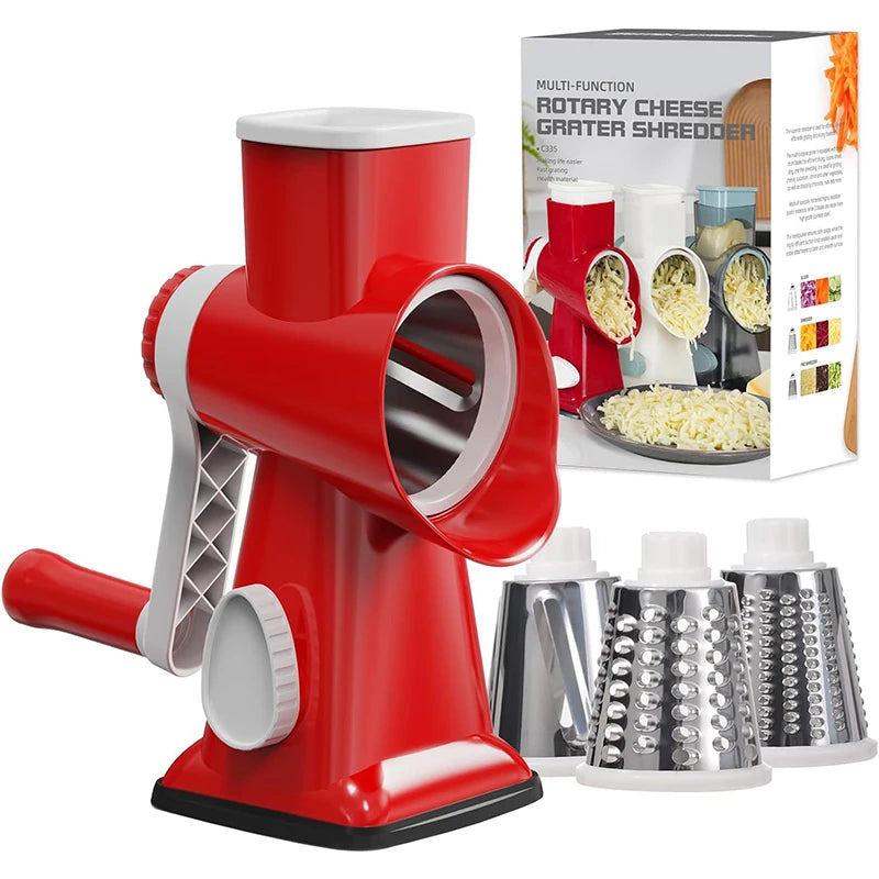 3-in-1 Rotary Cheese & Vegetable Grater – Manual Slicer & Nut Grinder