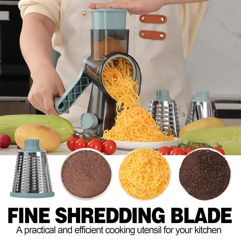 3-in-1 Rotary Cheese & Vegetable Grater – Manual Slicer & Nut Grinder