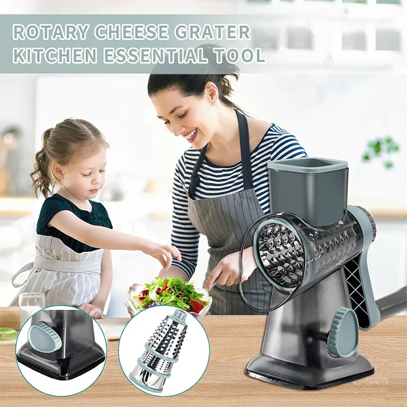 3-in-1 Rotary Cheese & Vegetable Grater – Manual Slicer & Nut Grinder
